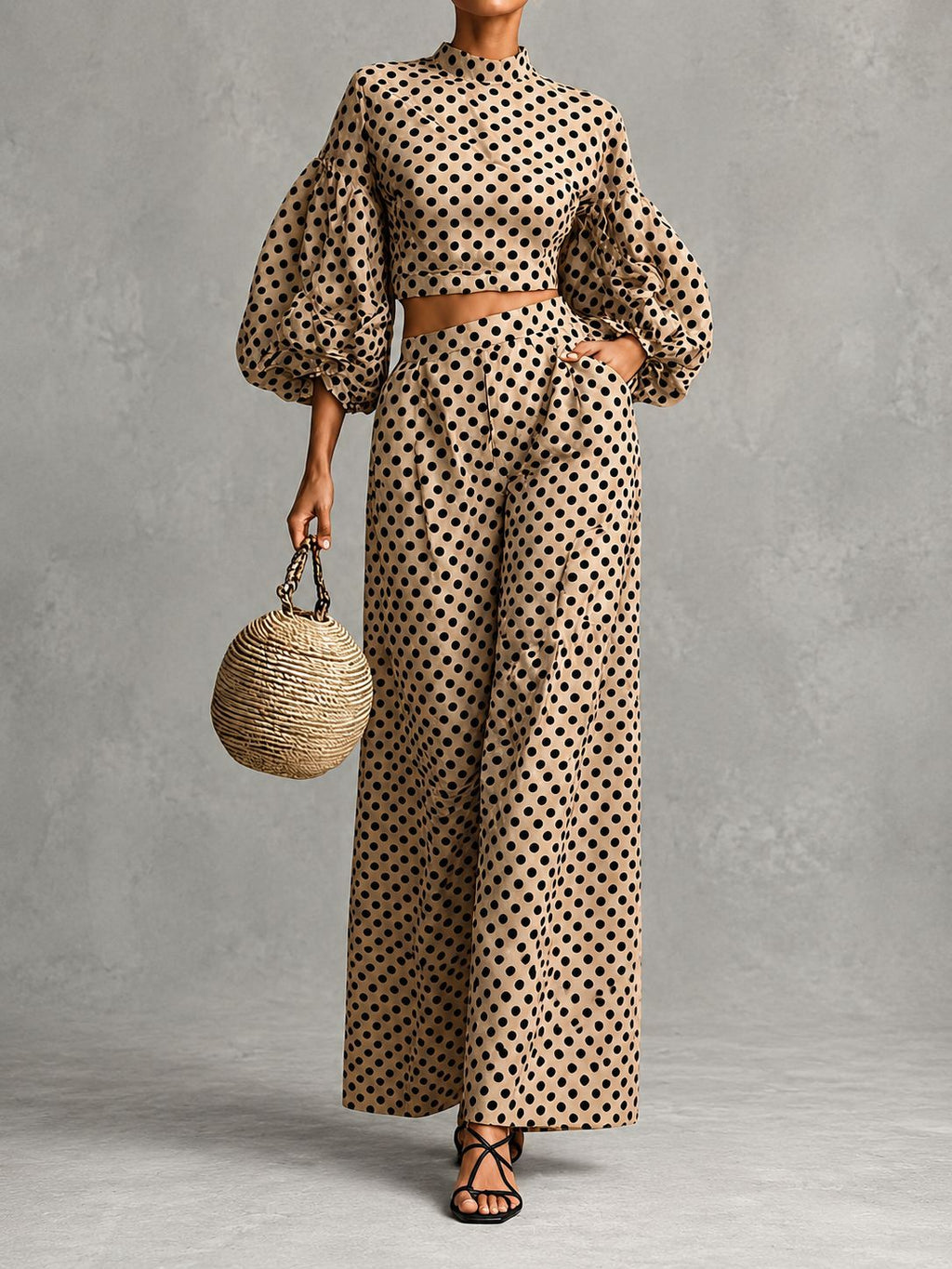 Women's polka dot bubble sleeve top wide leg pants 2 piece set