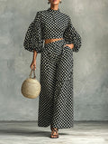 Women's polka dot bubble sleeve top wide leg pants 2 piece set