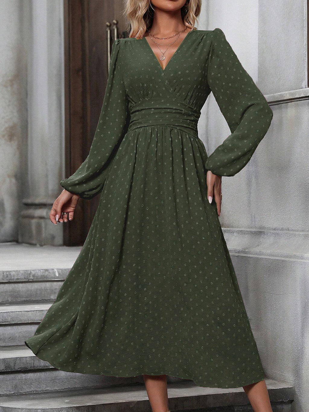 medium fur ball diagonal collar lantern sleeve pleated waist dress